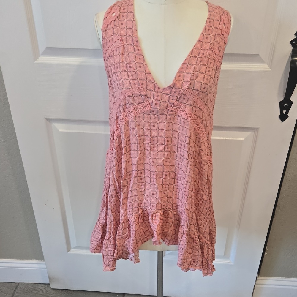 Intimately Free People Pink Geometric Lace Trim Ruffle Slip Dress OB1284738 M